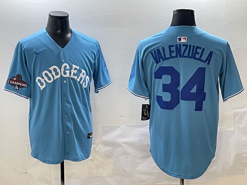 Men Los Angeles Dodgers #34 Valenzuela Light Blue Joint Name 2025 Nike MLB Jersey style 31613